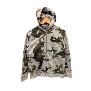 Nike Kids XL Gray Camo Full Zip Hoodie Sweatshirt Logo Fleece Lined Cotton Blend